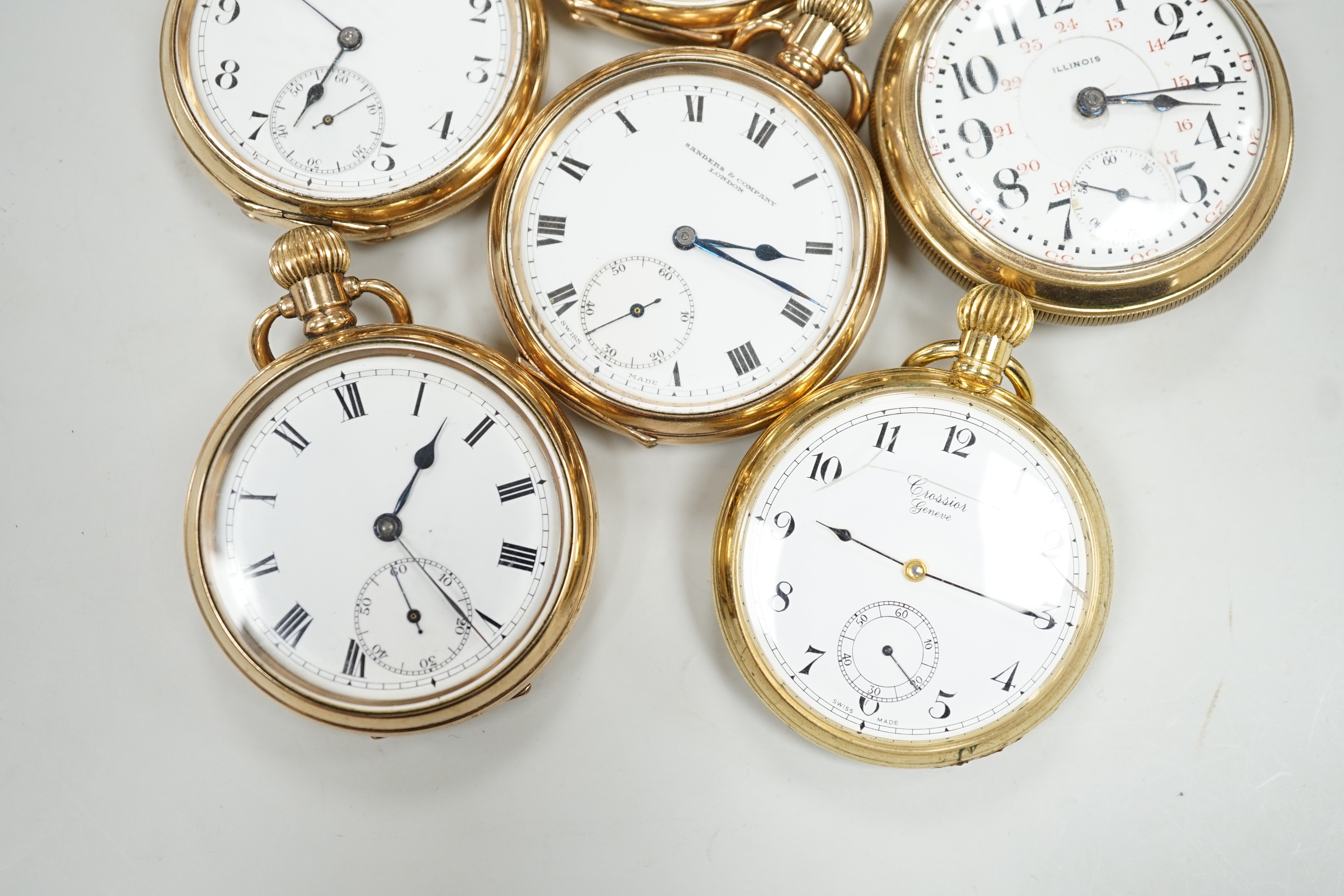 Six assorted gold plated open faces pocket watches, including Limit and Sanders Company.